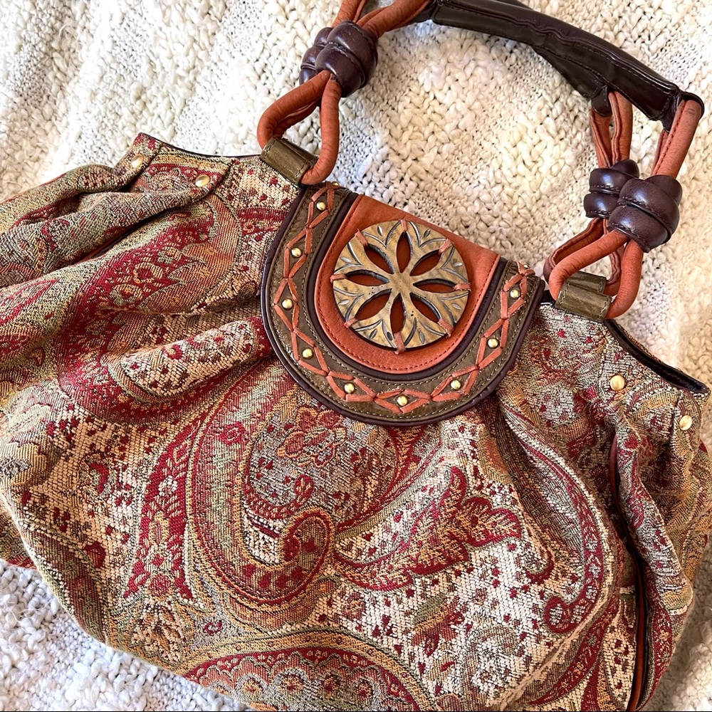 Isabella Fiore Tapestry Handbag with Embellished Leather Trim